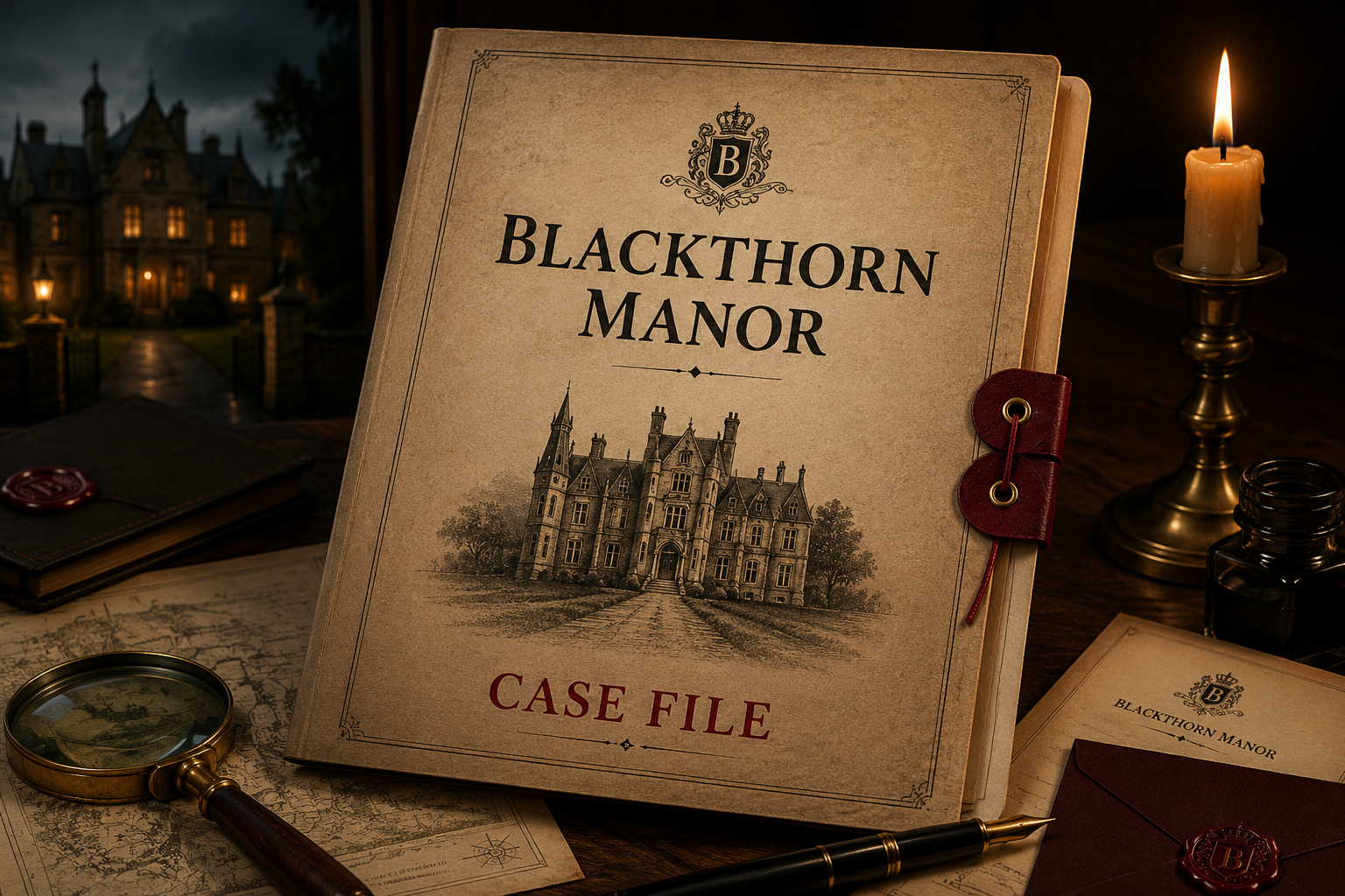 Blackthorn Manor case file with candlelit mystery props